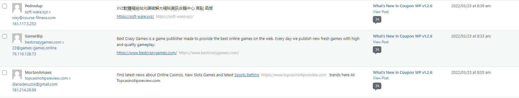 WordPress spam comment example